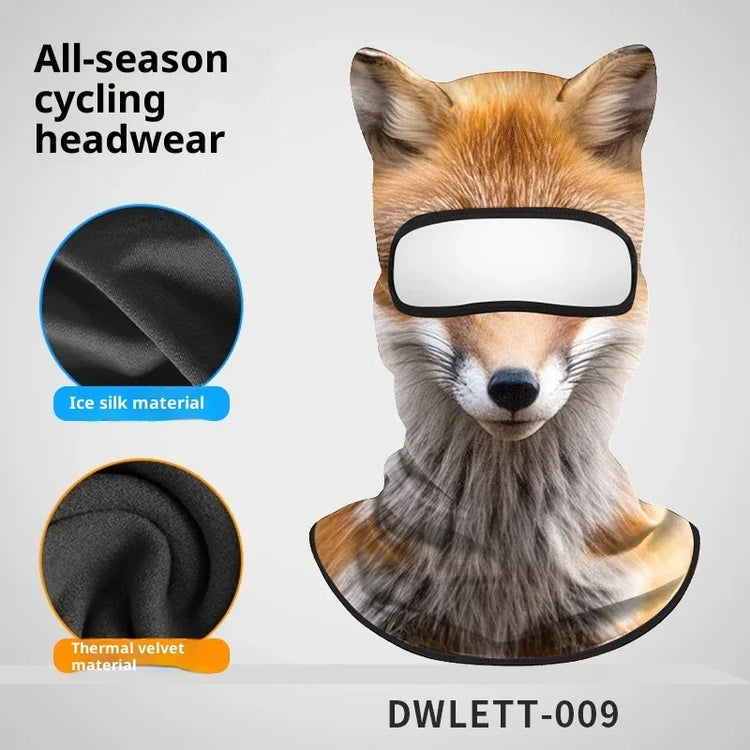 Fox print cycling balaclava with ice silk and thermal velvet material, full-face coverage.