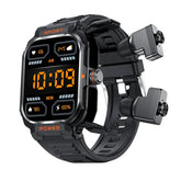 Black digital sport smartwatch with rugged design and attached wireless earbuds