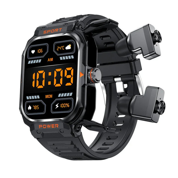 Black digital sport smartwatch with rugged design and attached wireless earbuds