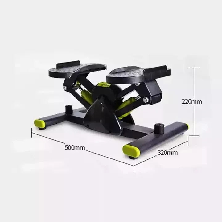 Compact black and green stepper exercise machine with textured foot pedals, dimensions shown