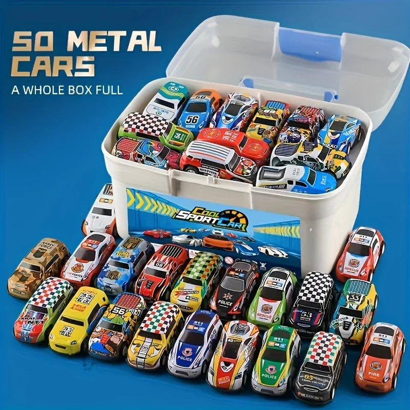 Assorted colorful metal toy cars in various designs displayed in a storage box.