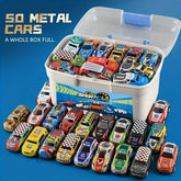 Assorted colorful metal toy cars in various designs displayed in a storage box.