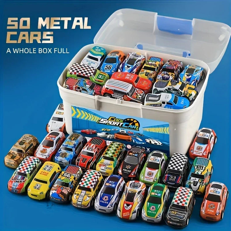 Assorted colorful metal toy cars in various designs displayed in a storage box.