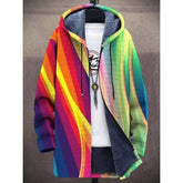 Colorful rainbow striped hooded jacket with fleece lining and relaxed fit, streetwear style