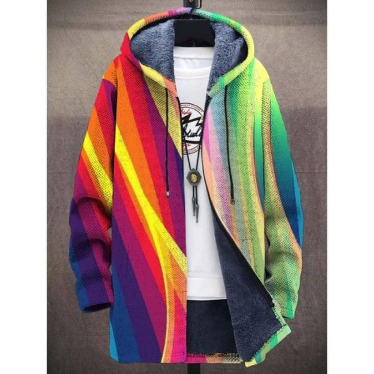 Colorful rainbow striped hooded jacket with fleece lining and relaxed fit, streetwear style