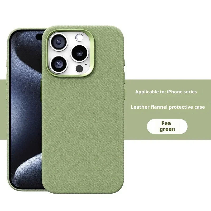 Pea green leather flannel iPhone case with soft texture and slim, protective fit.