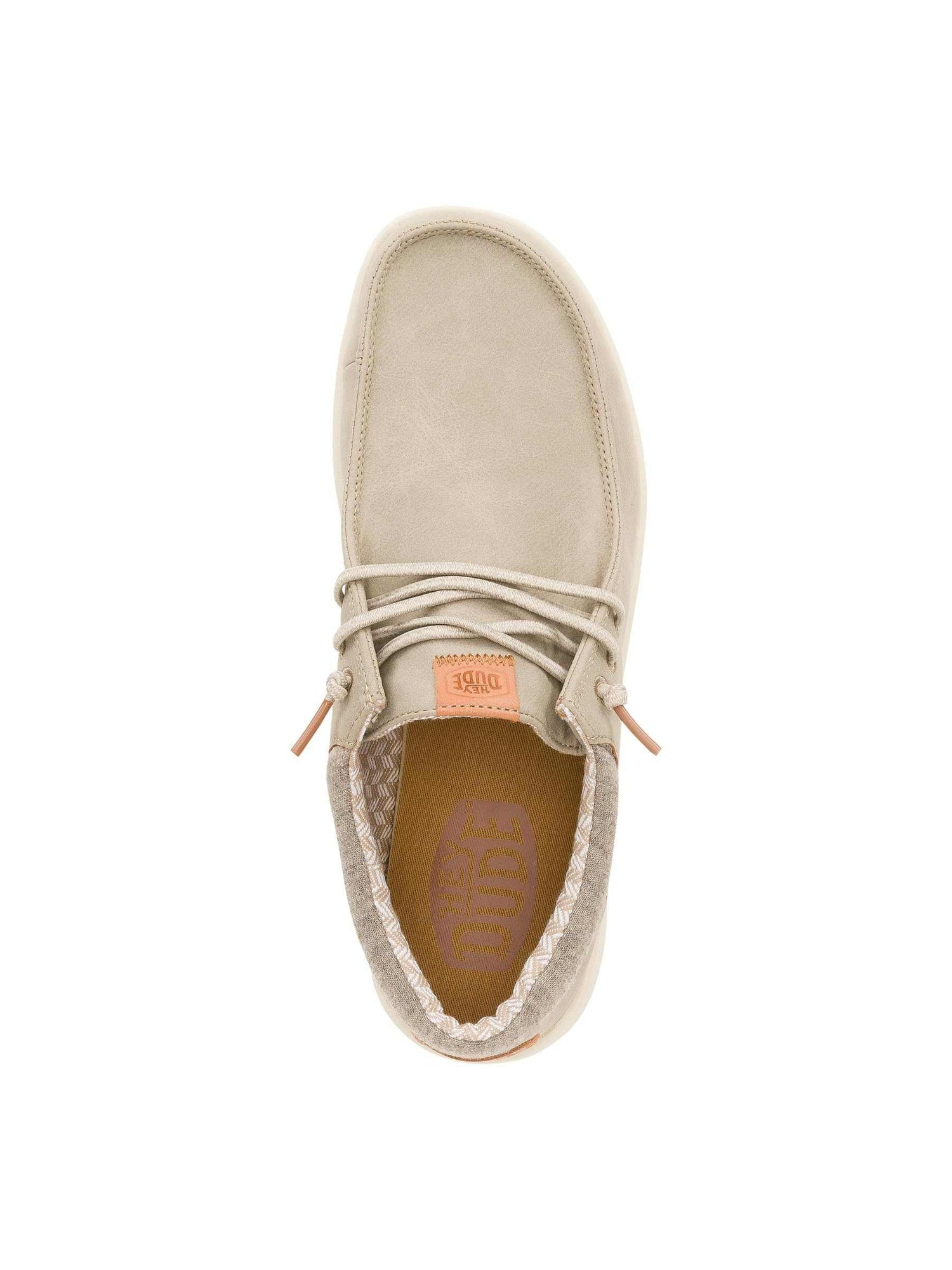 Beige casual loafer shoe with soft suede material and relaxed fit, top view