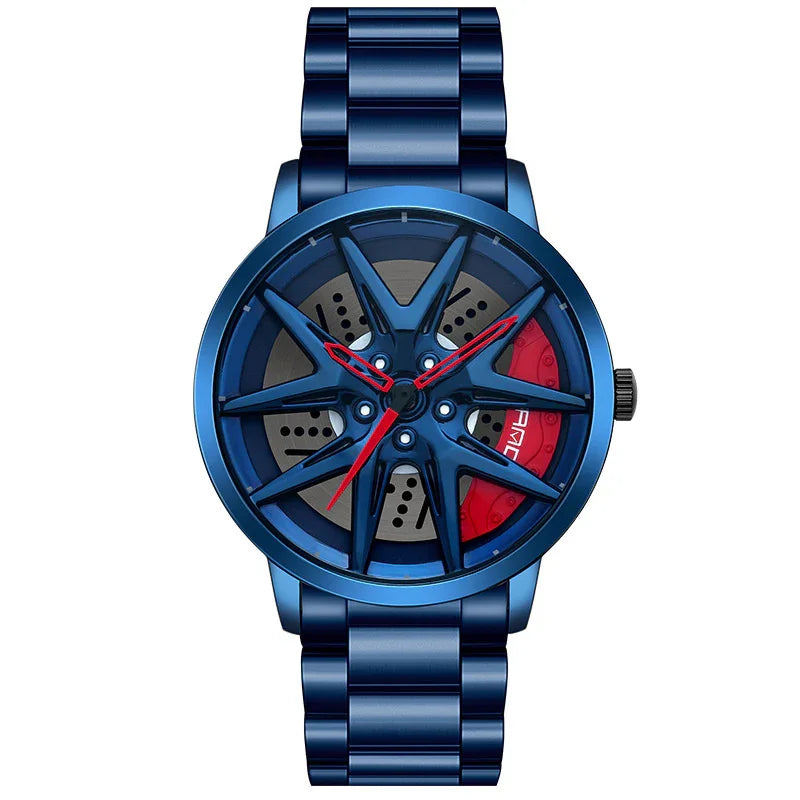 Blue metallic wristwatch with round case, red accents, and multi-spoke dial design