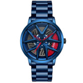 Blue metallic wristwatch with round case, red accents, and multi-spoke dial design