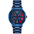 Blue metallic wristwatch with round case, red accents, and multi-spoke dial design