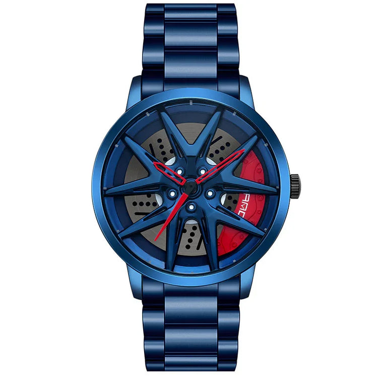 Blue metallic wristwatch with round case, red accents, and multi-spoke dial design