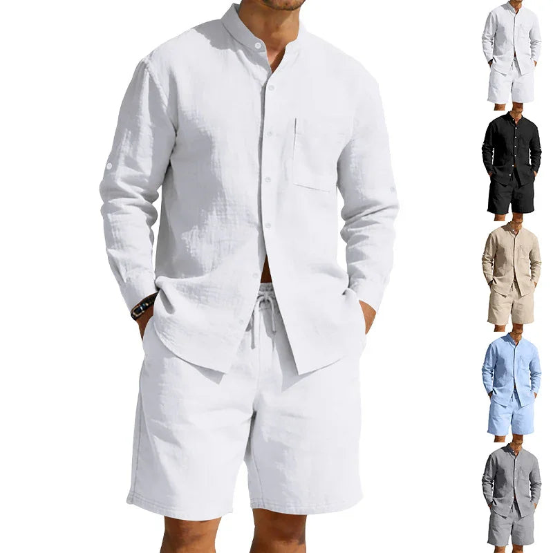 Men’s casual button-up linen shirt and drawstring shorts set in white, relaxed fit, available in multiple colors.