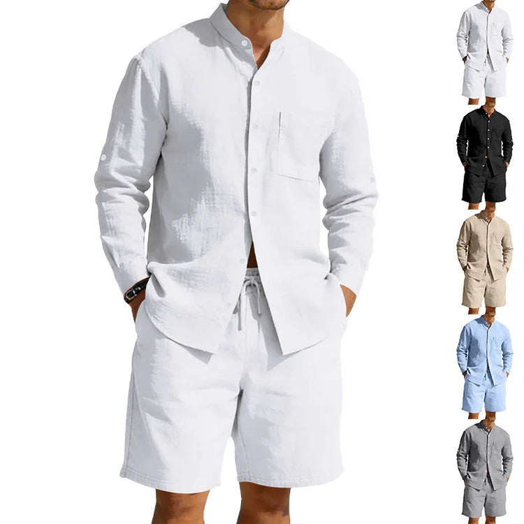 Men’s casual button-up linen shirt and drawstring shorts set in white, relaxed fit, available in multiple colors.