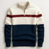 Colorblock pullover sweater with cream, navy, and burgundy stripes, quarter-zip, relaxed fit.