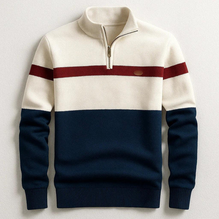 Colorblock pullover sweater with cream, navy, and burgundy stripes, quarter-zip, relaxed fit.