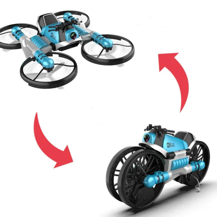 Blue and black transforming toy drone and motorcycle, plastic body, futuristic design