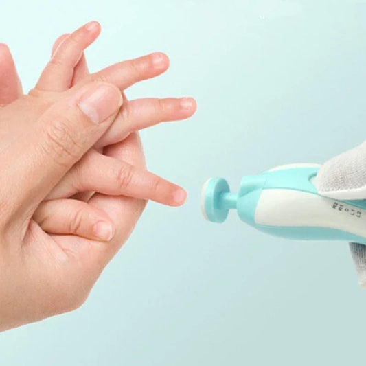 Electric baby nail trimmer in use on child's fingernails, soft pastel blue color, gentle care