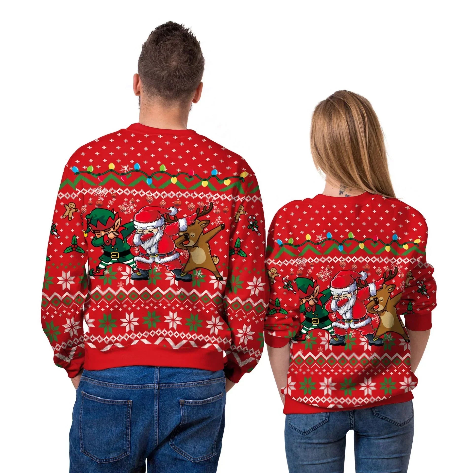 Couple wearing red Christmas sweaters with Santa, elf, and reindeer cartoon, relaxed fit