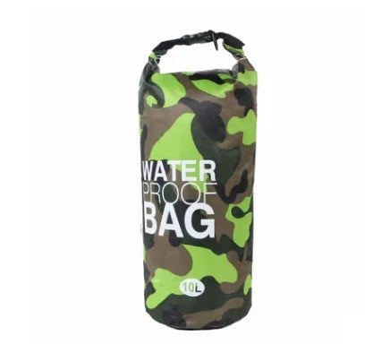 Green camo waterproof bag, roll-top closure, durable material, 10L capacity
