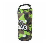 Green camo waterproof bag, roll-top closure, durable material, 10L capacity