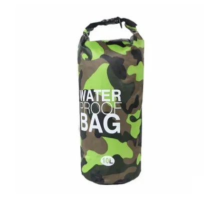 Green camo waterproof bag, roll-top closure, durable material, 10L capacity