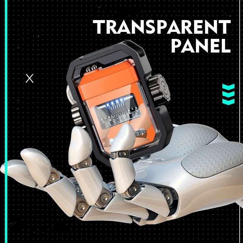Futuristic robotic hand holding an orange tech gadget with a transparent panel and visible circuit board.