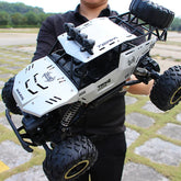 Person wearing a black long-sleeve shirt holding a large remote control off-road truck outdoors.