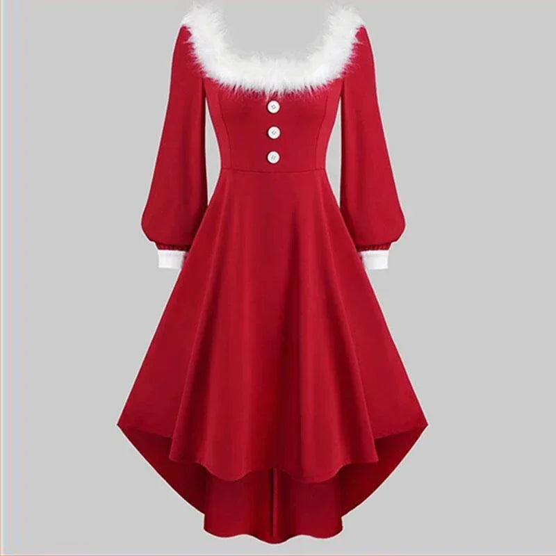 Red long sleeve dress with white faux fur trim, buttons, high-low hem, and fitted waist