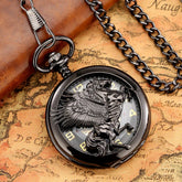Black metal pocket watch with winged horse design, vintage chain, and glass dial cover