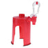 Red plastic beverage dispenser with spout and clear handle on white background
