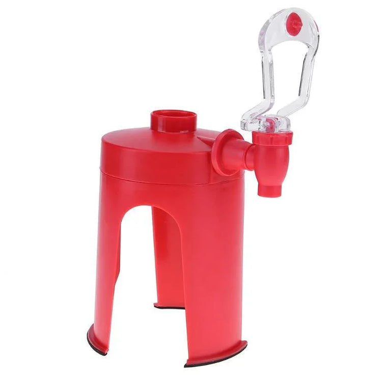Red plastic beverage dispenser with spout and clear handle on white background