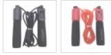 Two sets of jump ropes, one with black handles and one with red handles, plastic grips, durable cable.