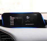 Modern digital car dashboard display with blue LED trim and touchscreen settings in Chinese.