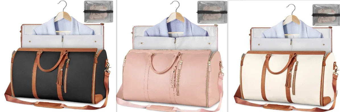 Three duffel bags in black, pink, and white with tan leather accents, spacious fit, travel garment bags shown with shirts on hangers and clear zip pouches.