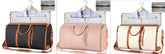Three duffel bags in black, pink, and white with tan leather accents, spacious fit, travel garment bags shown with shirts on hangers and clear zip pouches.