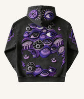 Black hoodie with bold purple eye graphic, streetwear style, relaxed fit, cotton material