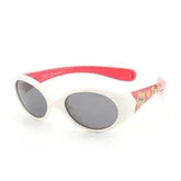 White and pink oval sunglasses with printed arms and dark lenses, retro streetwear style