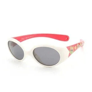 White and pink oval sunglasses with printed arms and dark lenses, retro streetwear style
