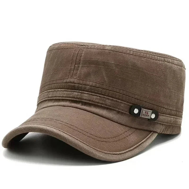 Brown cotton military-style cap with structured fit and stitched detailing