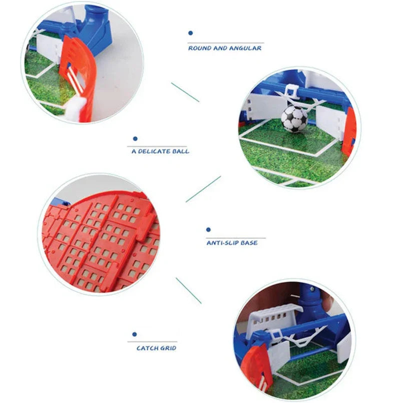 Close-up of tabletop soccer game with red and white plastic goals, green field, and miniature ball.