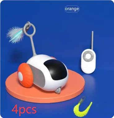 White and orange remote control pet toy with feather attachment, displayed on a round stand.