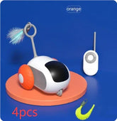 White and orange remote control pet toy with feather attachment, displayed on a round stand.