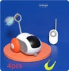 White and orange remote control pet toy with feather attachment, displayed on a round stand.
