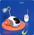 White and orange remote control pet toy with feather attachment, displayed on a round stand.
