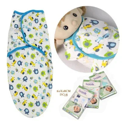 Colorful cartoon animal print baby swaddle blanket, soft cotton, adjustable fit.