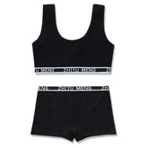 Black cotton lounge set with elastic waistband, crop tank top and boxer shorts, sporty fit