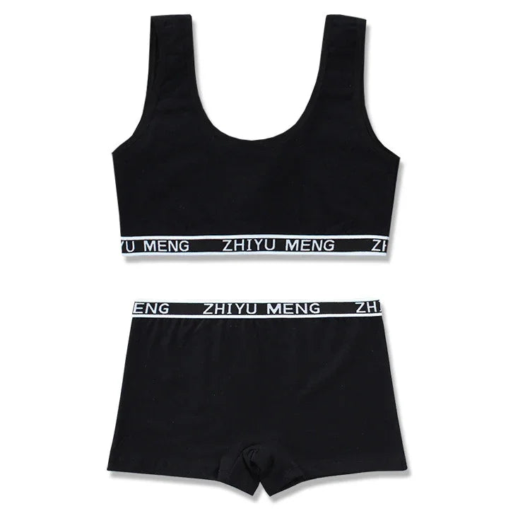 Black cotton lounge set with elastic waistband, crop tank top and boxer shorts, sporty fit