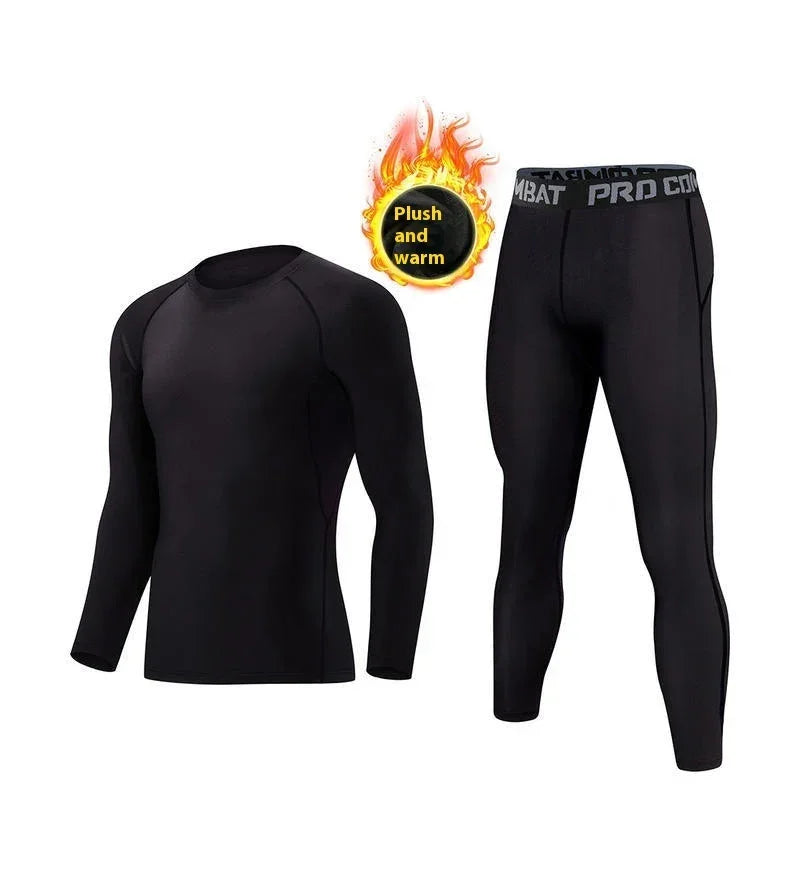 Men's black thermal long sleeve top and leggings set, slim fit, plush and warm material.