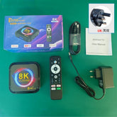 8K Ultra HD Android TV box with remote, power adapter, HDMI cable, and user manual on green background