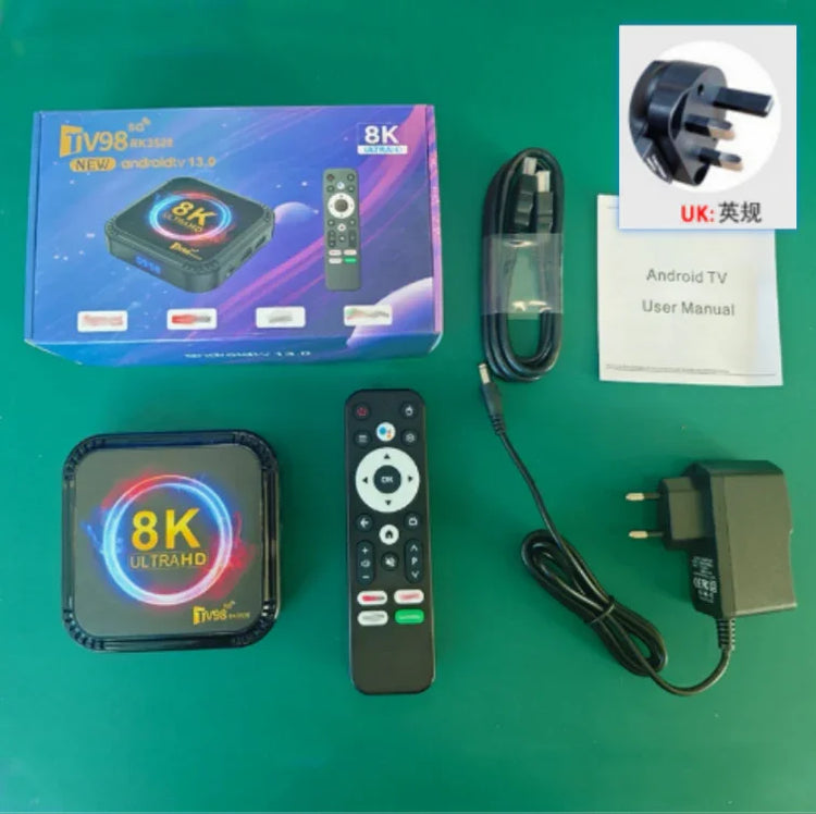 8K Ultra HD Android TV box with remote, power adapter, HDMI cable, and user manual on green background